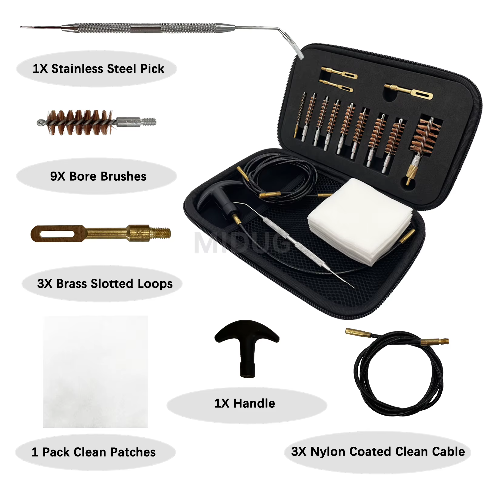 Kit limpieza MIDUG – Cepillos cerdas multicalibre (.17/.223/9mm/45/12GA) - imagen 4
