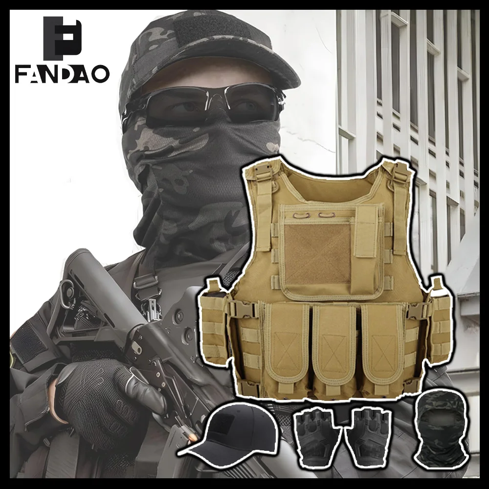 Chaleco táctico MOLLE airsoft con pasamontañas, guantes y gorra