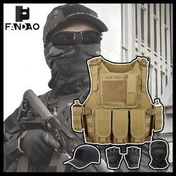Chaleco táctico MOLLE airsoft con pasamontañas, guantes y gorra