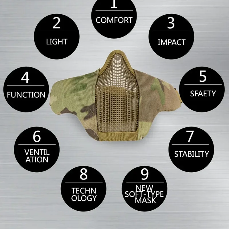 Máscara táctica media cara Airsoft Paintball malla de acero camuflaje - imagen 4