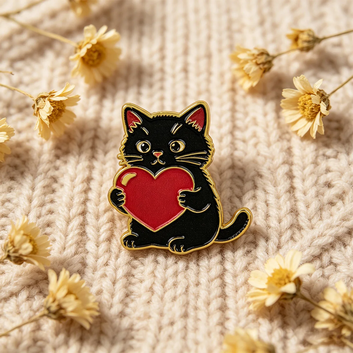 Pin metálico de esmalte gato negro con corazón rojo para mochila - imagen 3