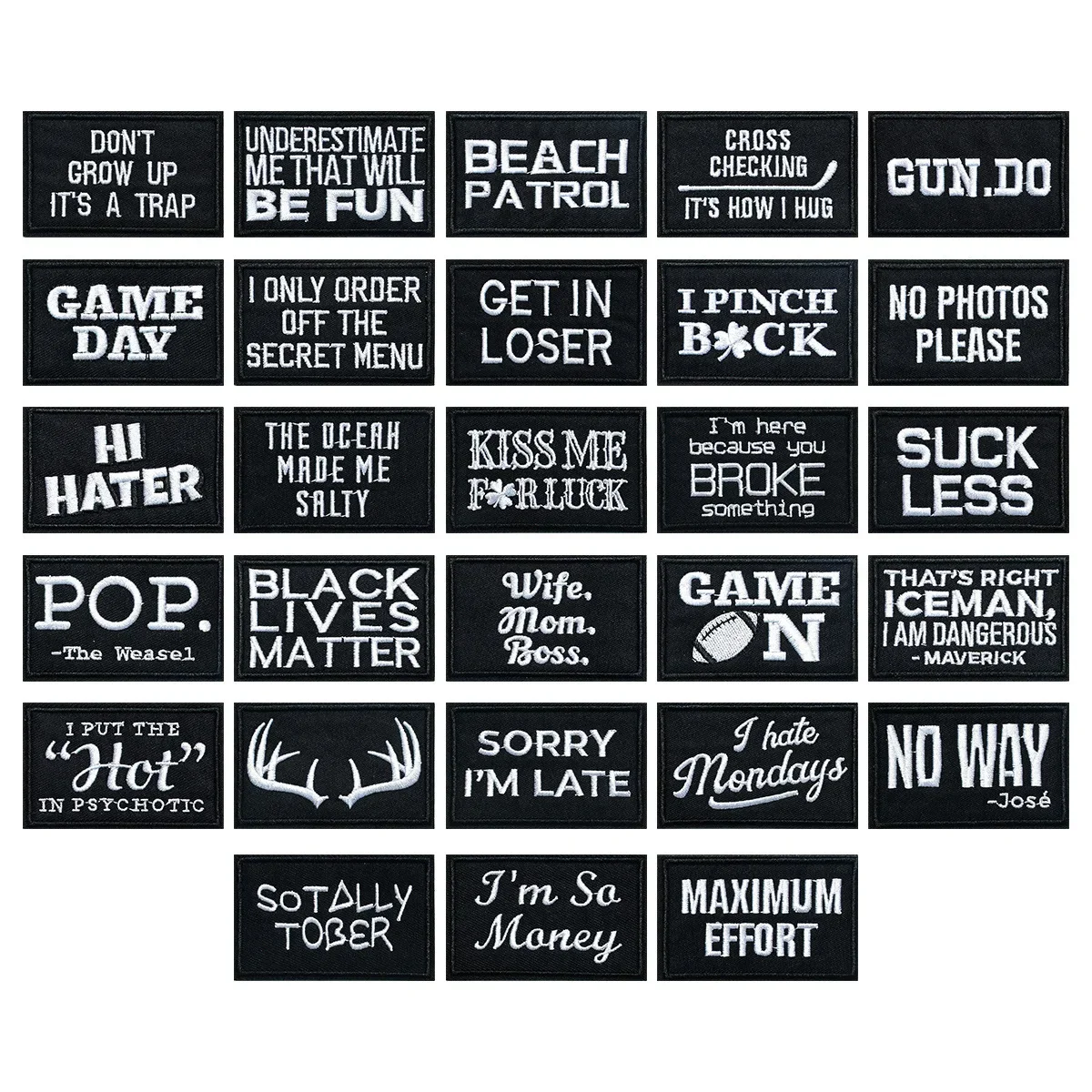 Parche moral en inglés con eslogan blanco y negro, gancho para gorras - imagen 4
