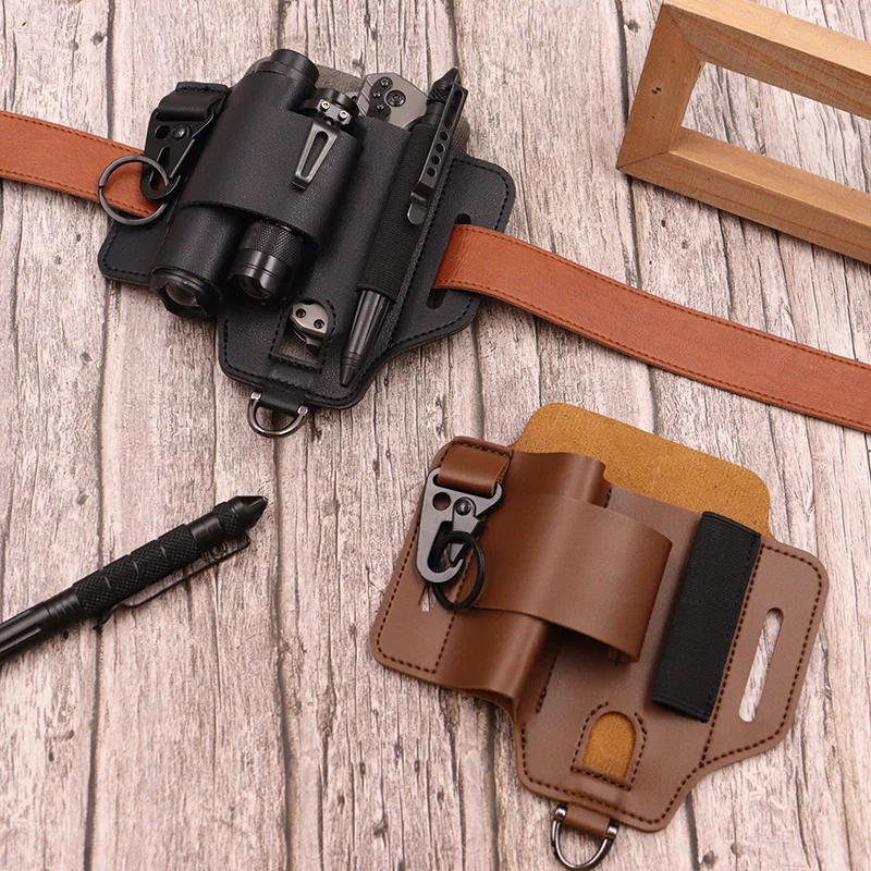 Bolsa táctica EDC de cuero para herramientas de caza linterna cuchillo - imagen 4