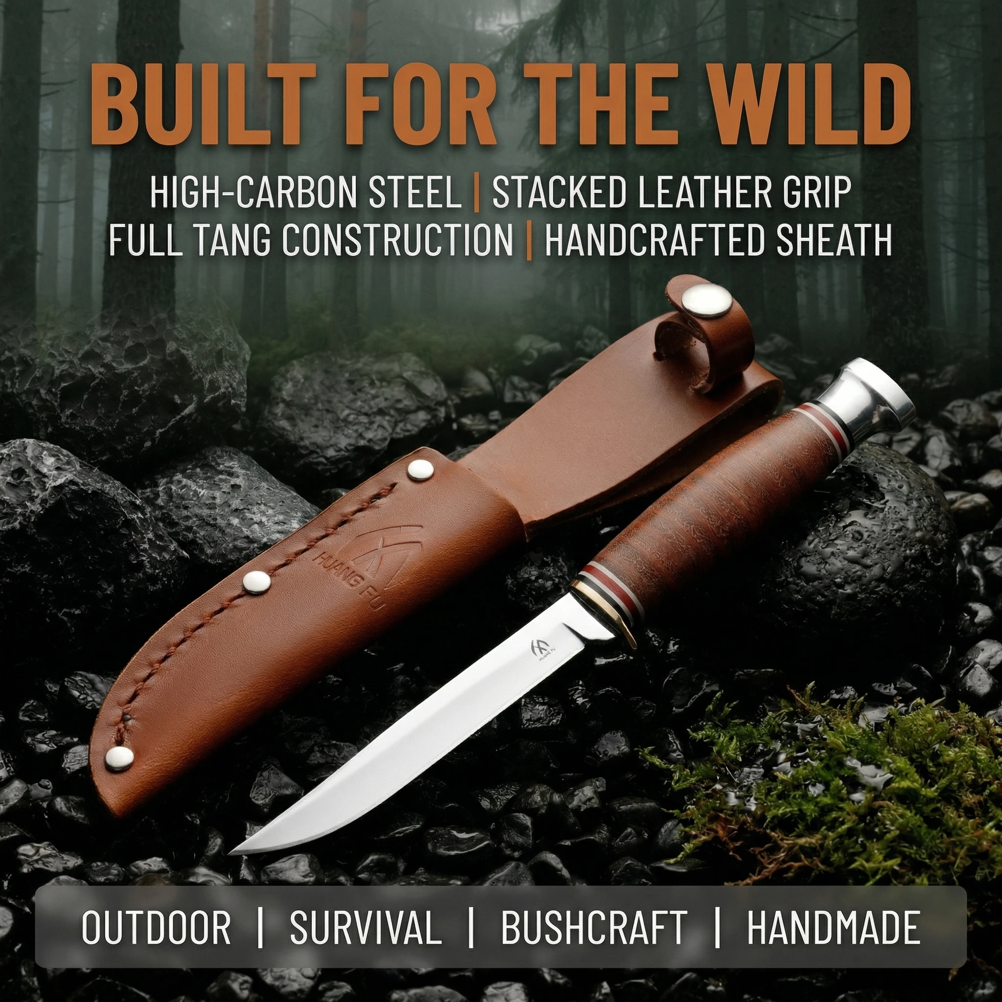 Cuchillo fijo táctico con funda de cuero para aire libre - imagen 3