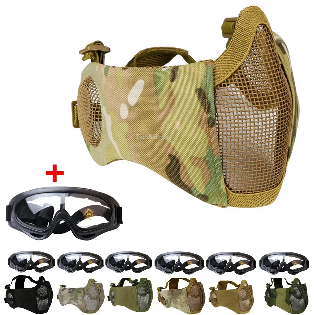 Máscara de airsoft media cara con gafas, malla acero y oídos tácticos