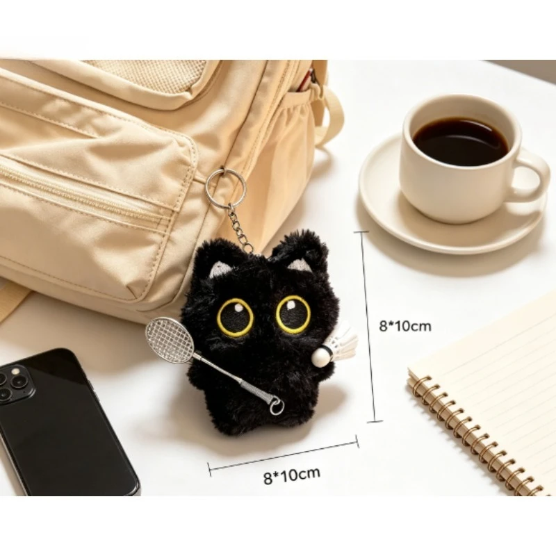 Colgante peluche gato negro bádminton – Llavero amuleto bonito para bolso