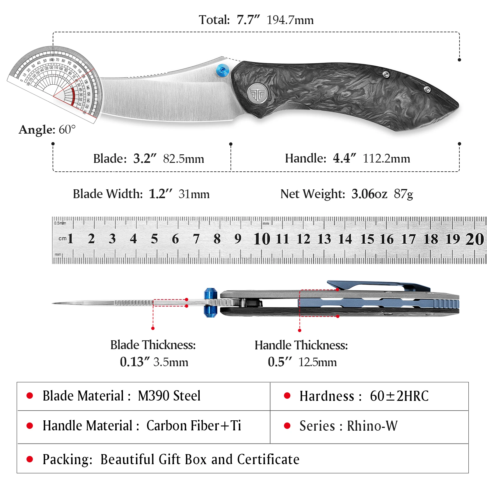 Cuchillo plegable TRIVISA Rhino – hoja M390, titanio y fibra carbono - imagen 5