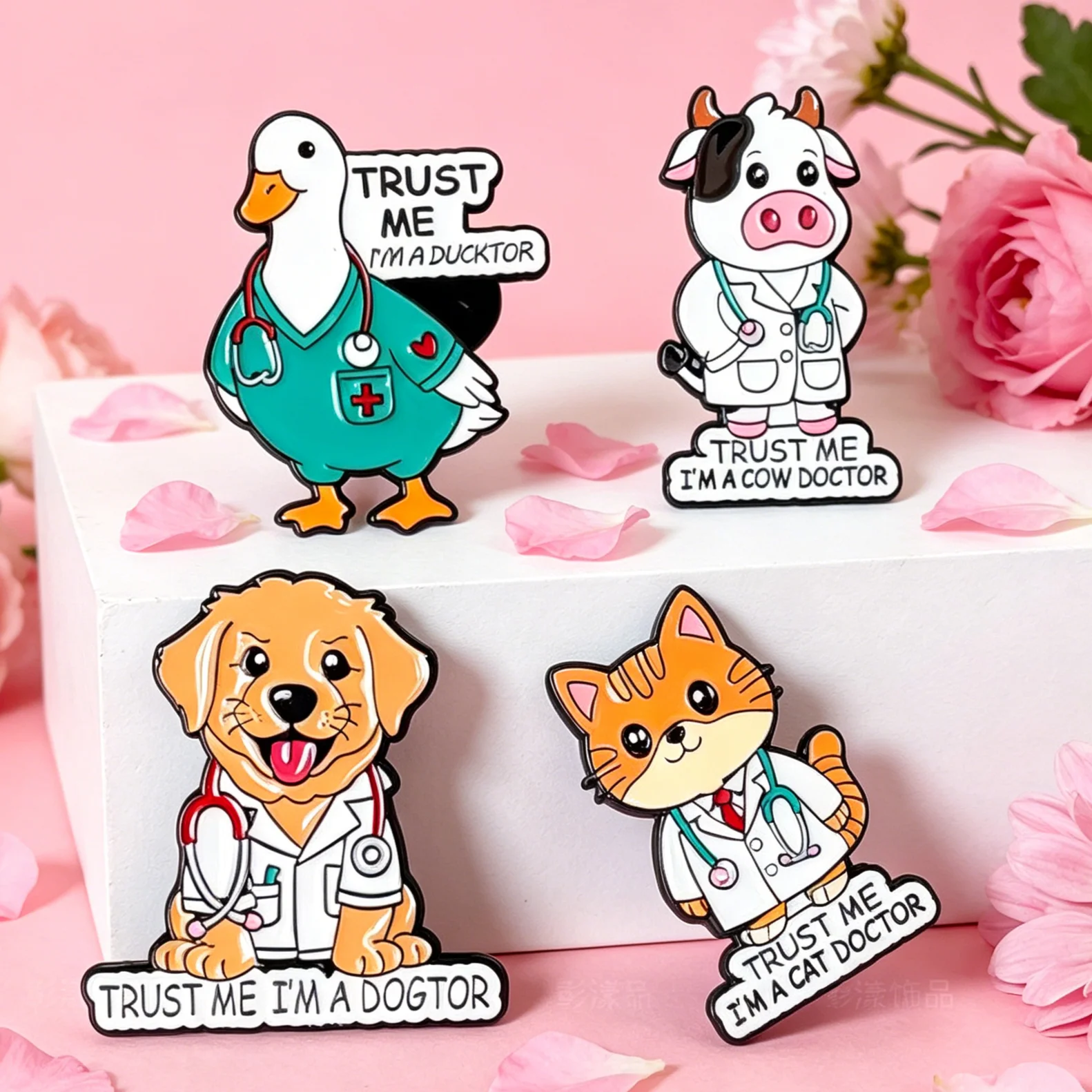 Broches esmalte animales divertidos diseño pato, vaca, perro y gato