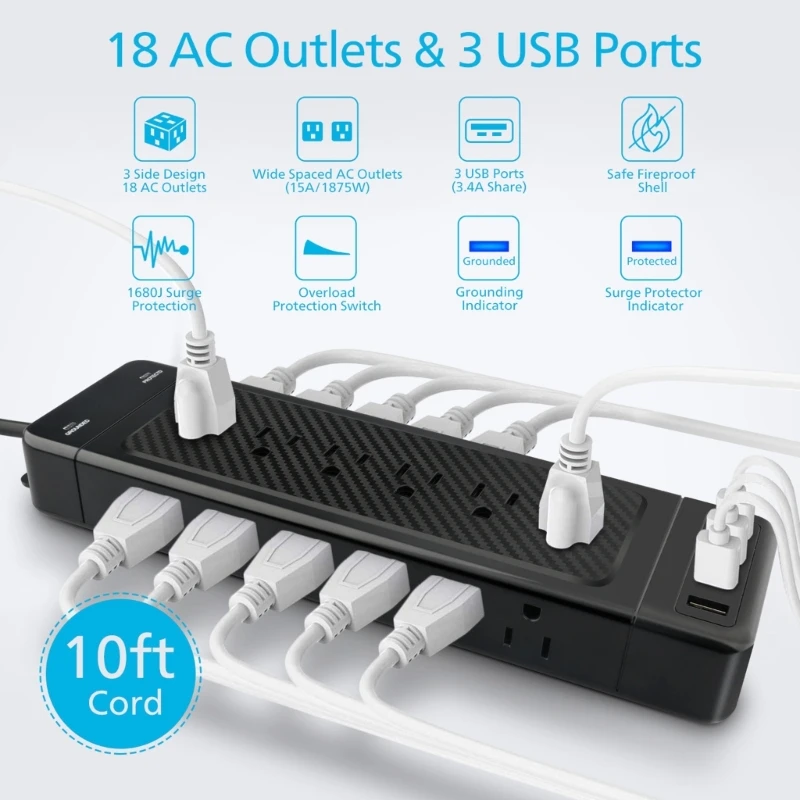 Regleta eléctrica con protección contra sobretensiones y cable largo - imagen 4