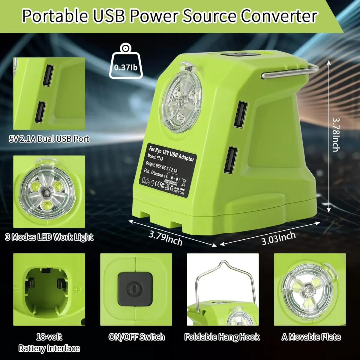 Adaptador batería Ryobi Craftsman USB LED luz de trabajo con gancho - imagen 4