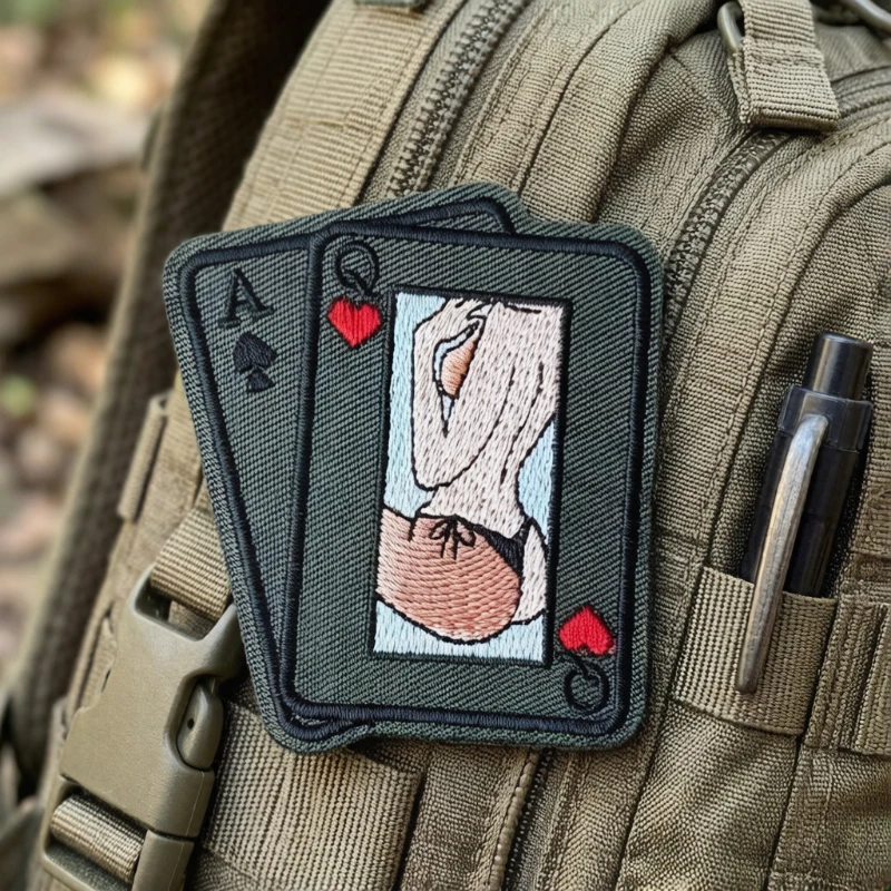 Parche táctico bordado con velcro naipe reina picas y corazón oliva - imagen 5