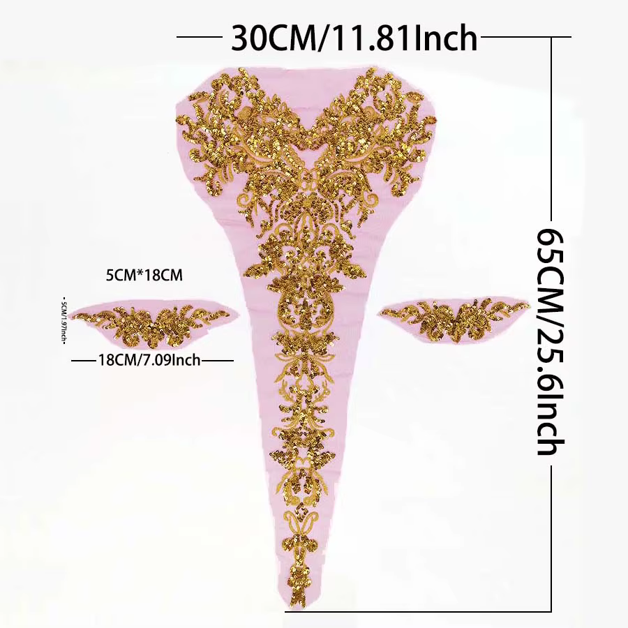Parche bordado encaje dorado con lentejuelas y flores para coser - imagen 3