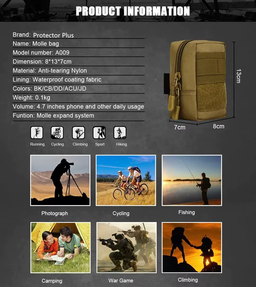 Vista frontal de la bolsa táctica MOLLE con acabado en camuflaje