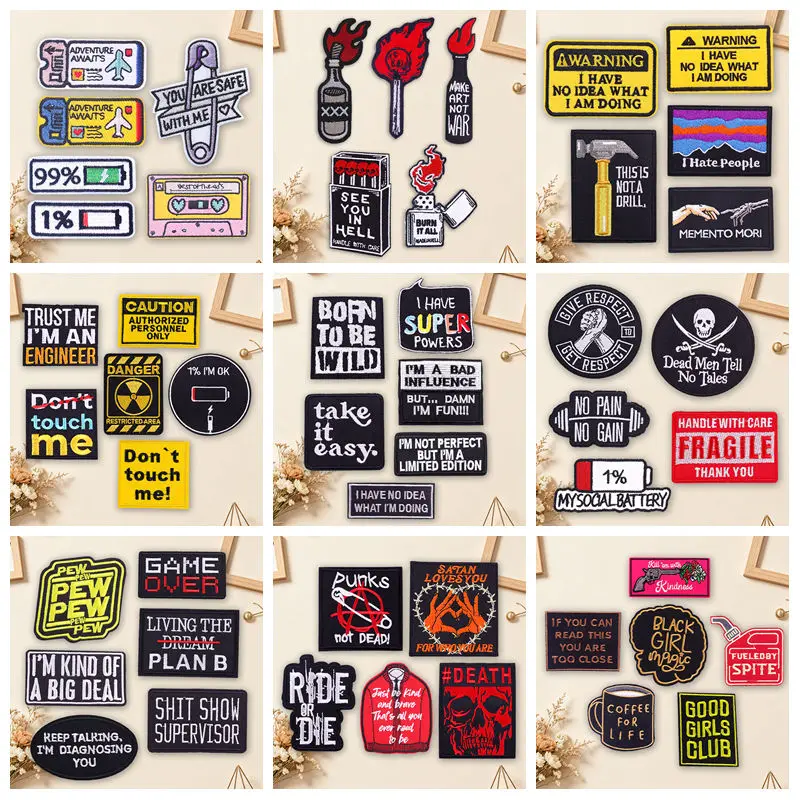 Parches termoadhesivos bordados de advertencia punk para ropa urbano - imagen 3