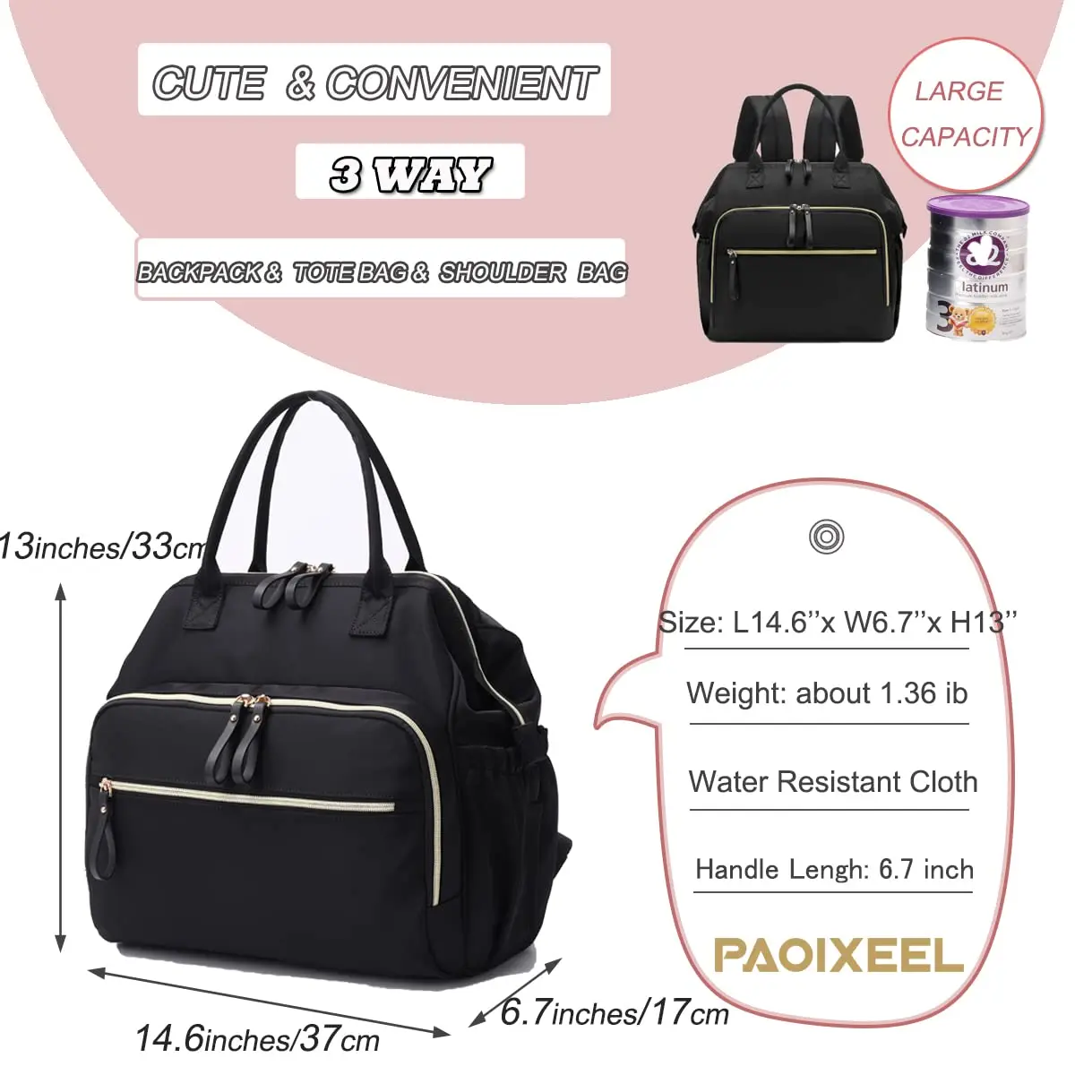 Mochila cambiador convertible con cierre impermeable y asas
