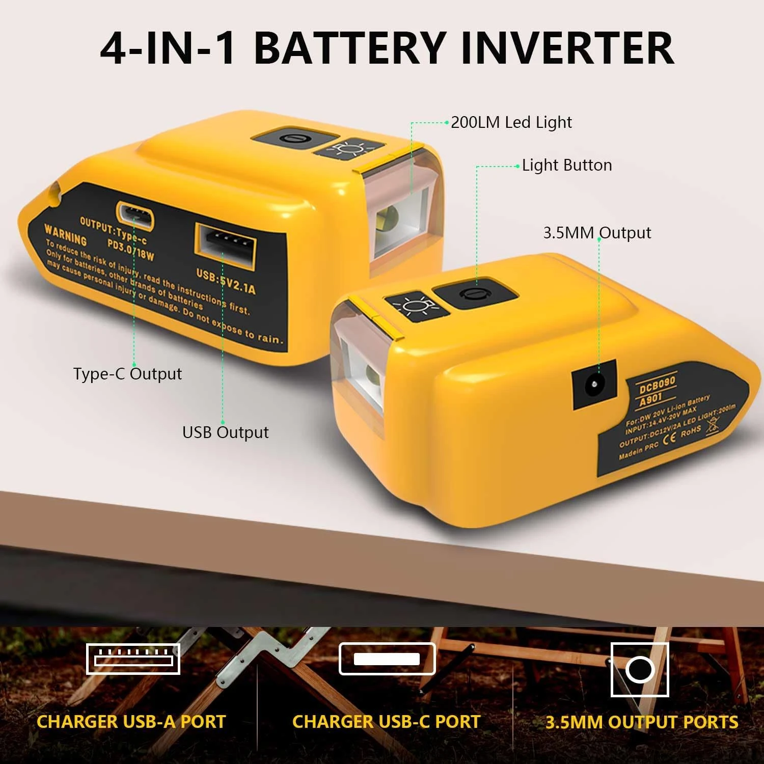 Dewalt cargador USB-C dual con adaptador CC y luz LED portátil - imagen 2