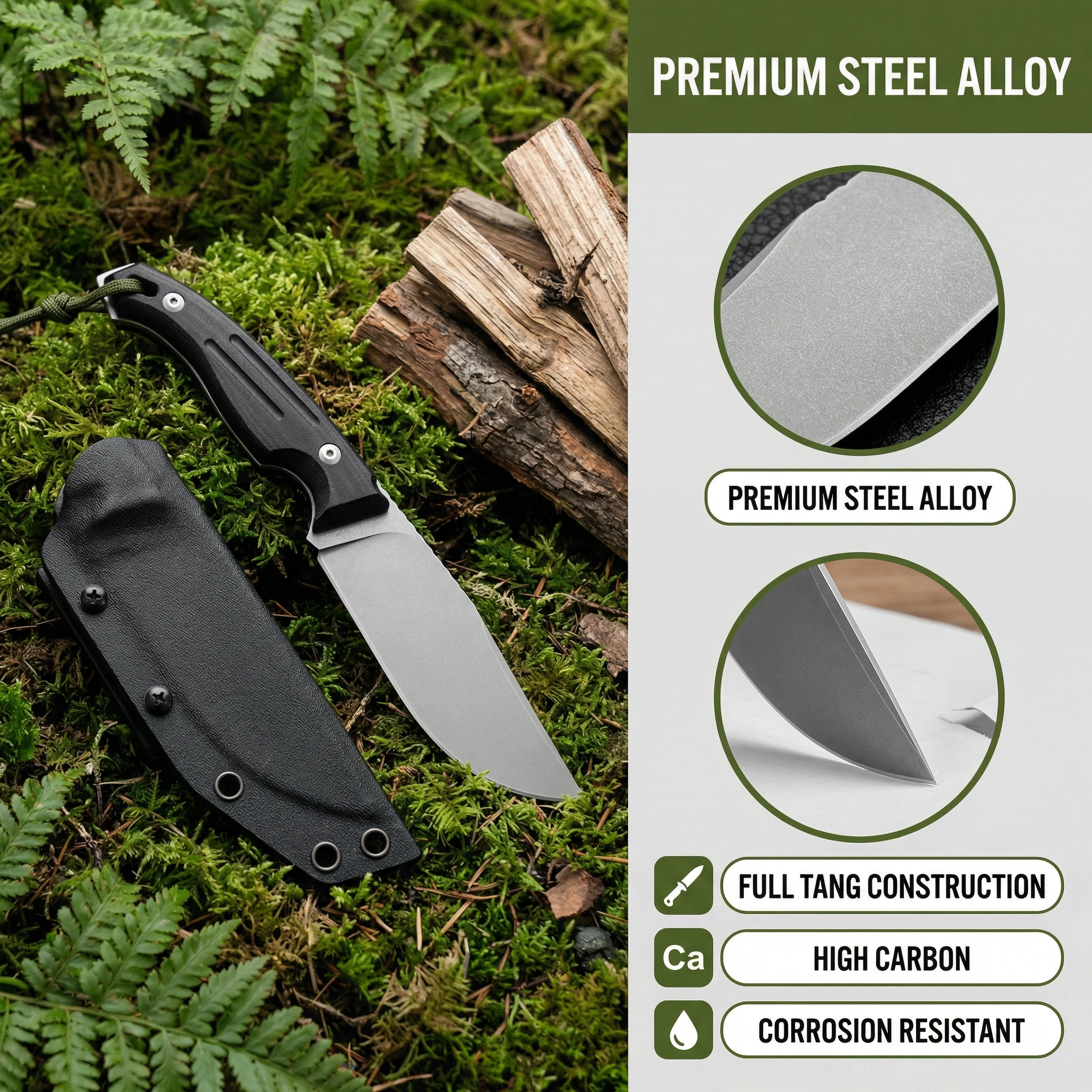 Cuchillo táctico de hoja fija G10 resistente con funda, exterior - imagen 4