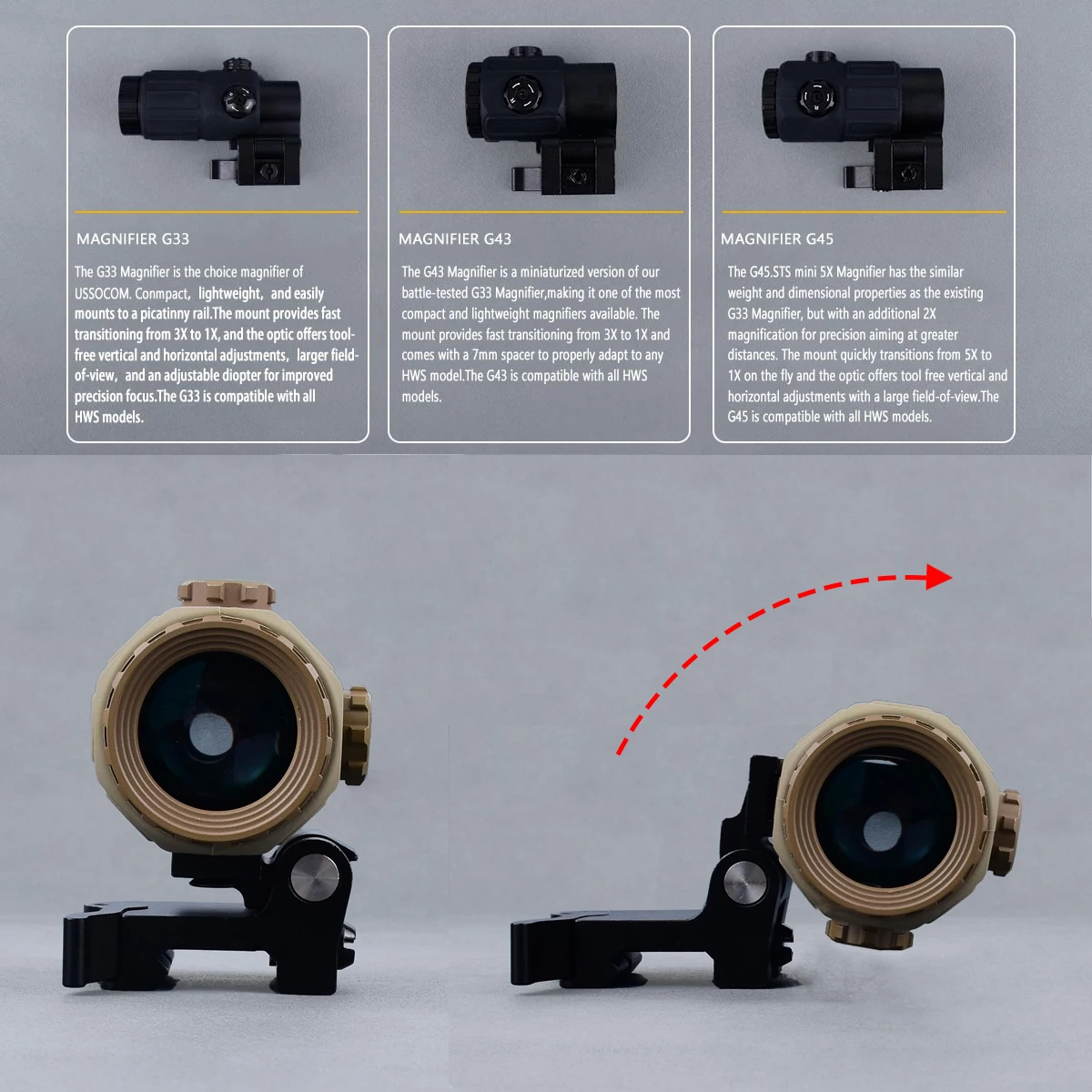 Magnificador abatible 3X/5X para mira holográfica Picatinny - imagen 5