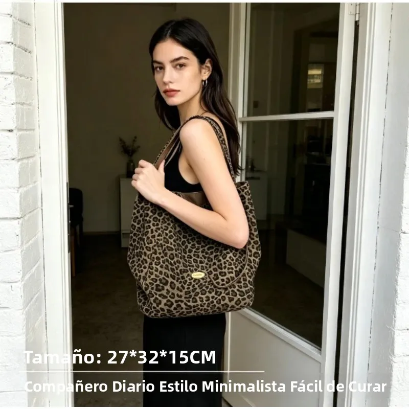 Bolso de hombro lona leopardo, gran capacidad, informal - imagen 4