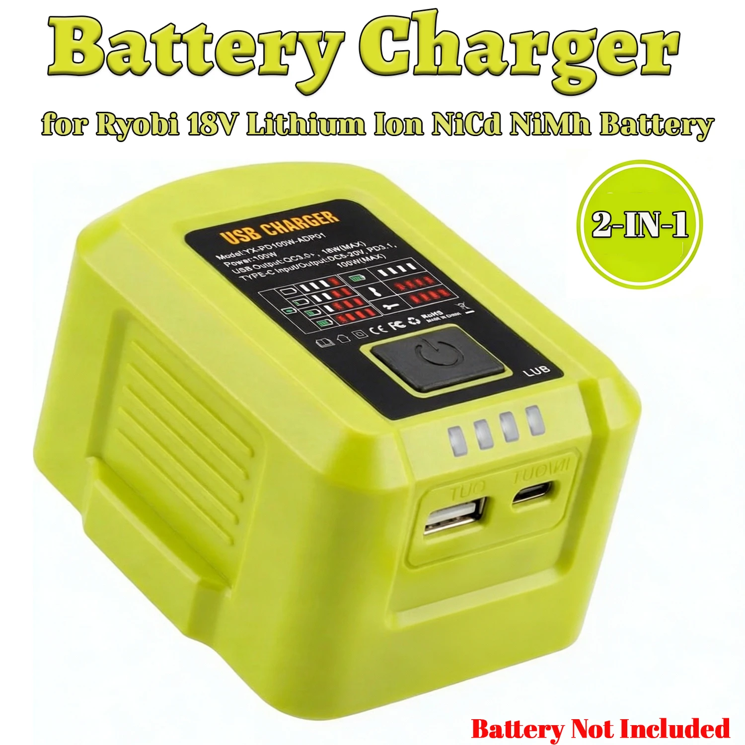 Cargador USB portátil para baterías Ryobi ONE+ 18V, 100 W con USB-C - imagen 3