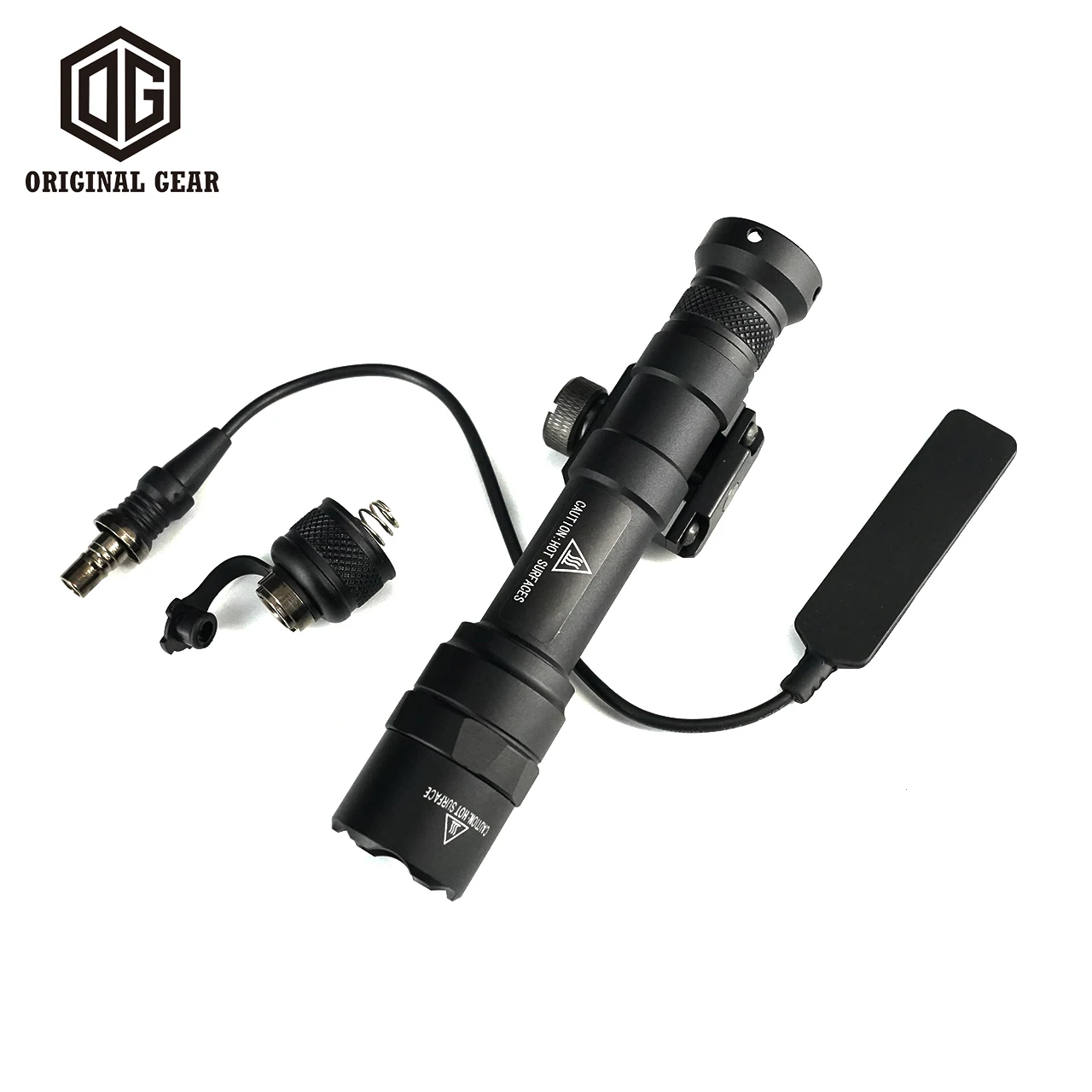 Vista lateral de la linterna SF M600B mostrando su cuerpo cilíndrico y el interruptor táctico