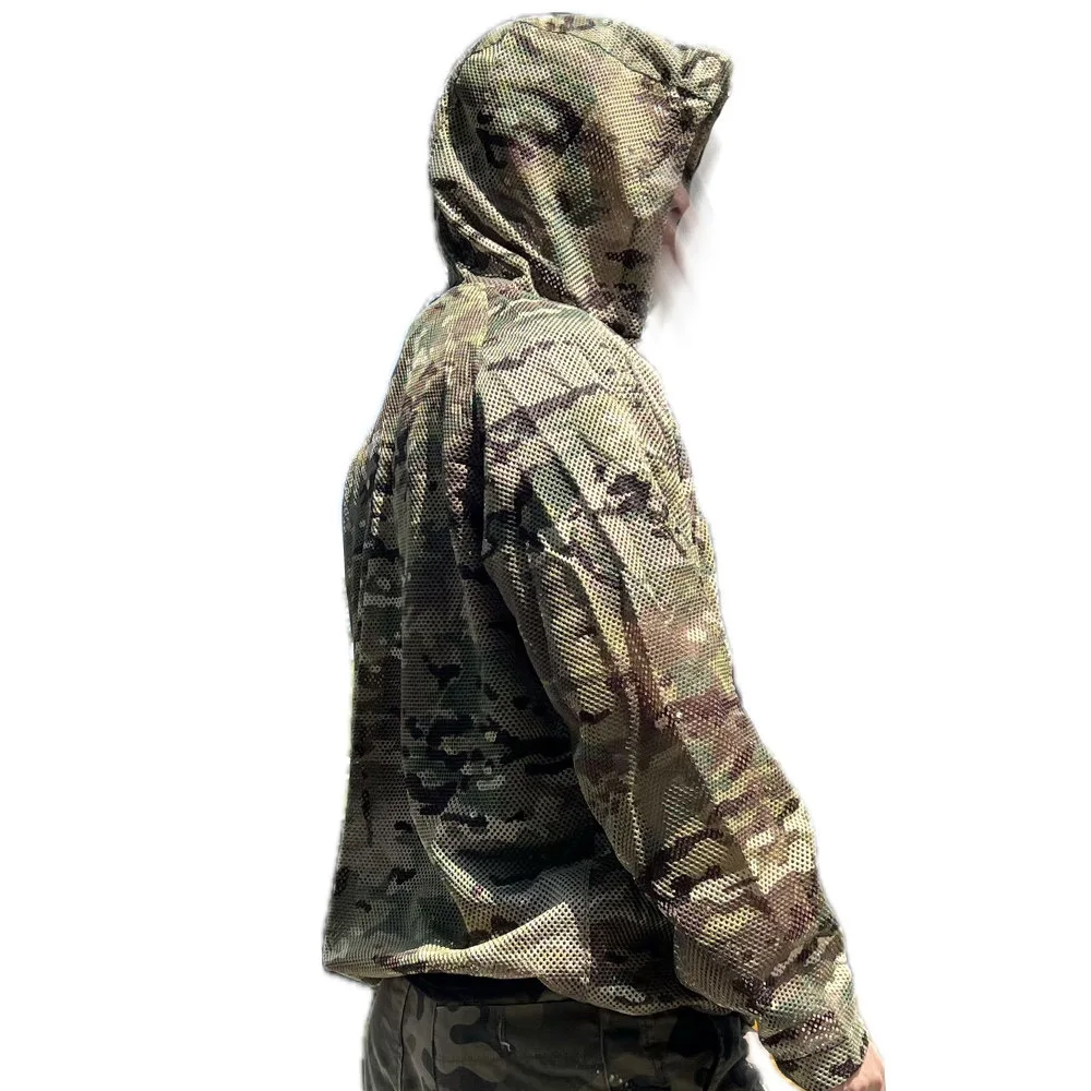 Chaqueta táctica capucha mesh ligera transpirable ghillie camuflaje