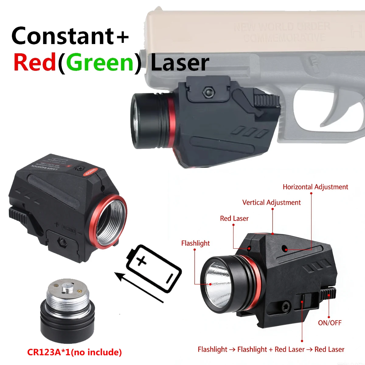 Linterna táctica con láser rojo y verde LED para Glock Picatinny - imagen 4