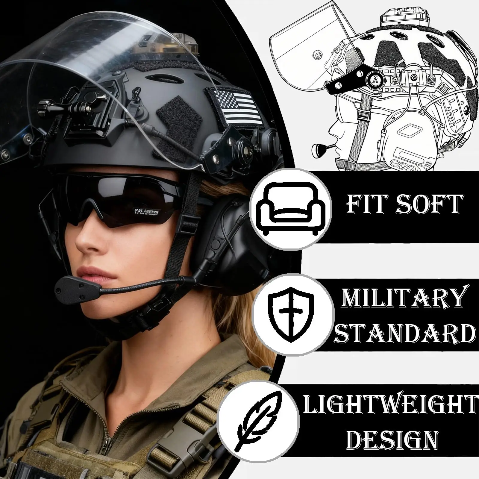 Casco táctico Airsoft Bump con auriculares, linterna y gafas abatibles - imagen 4