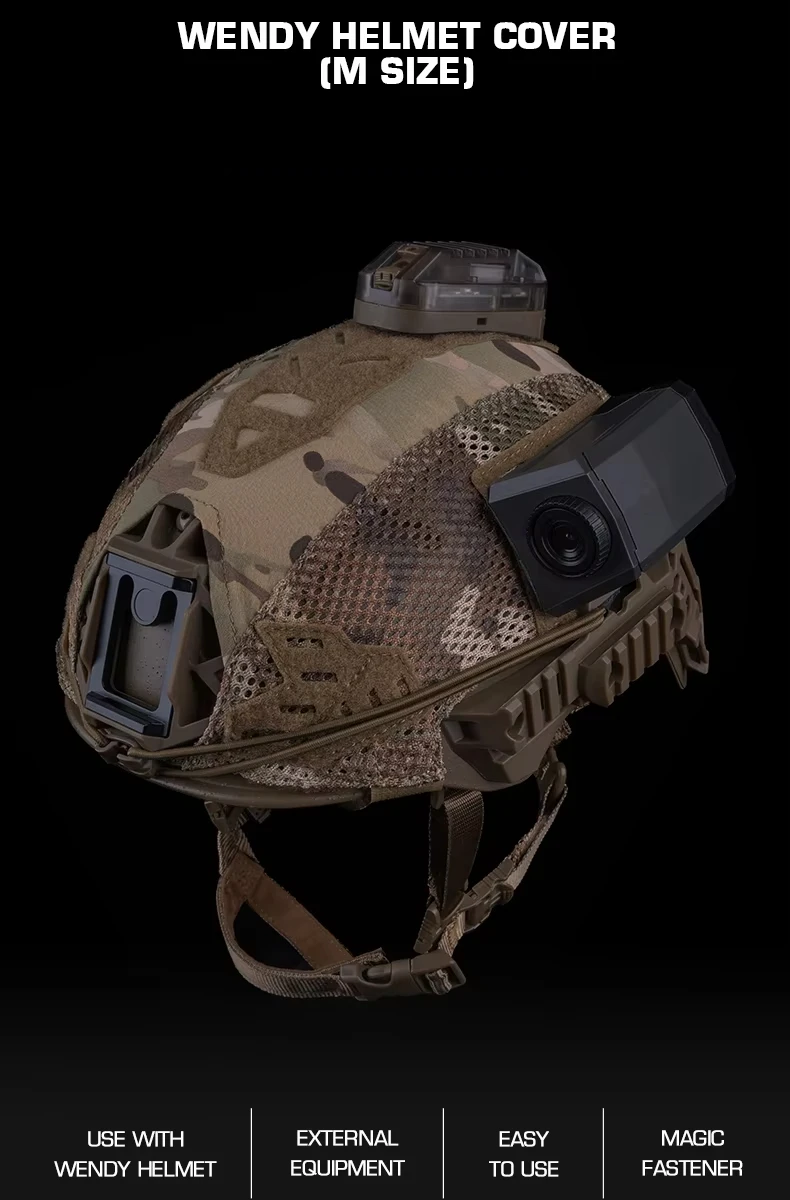 Funda de casco puesta sobre un casco Team Wendy mostrando el patrón camuflaje