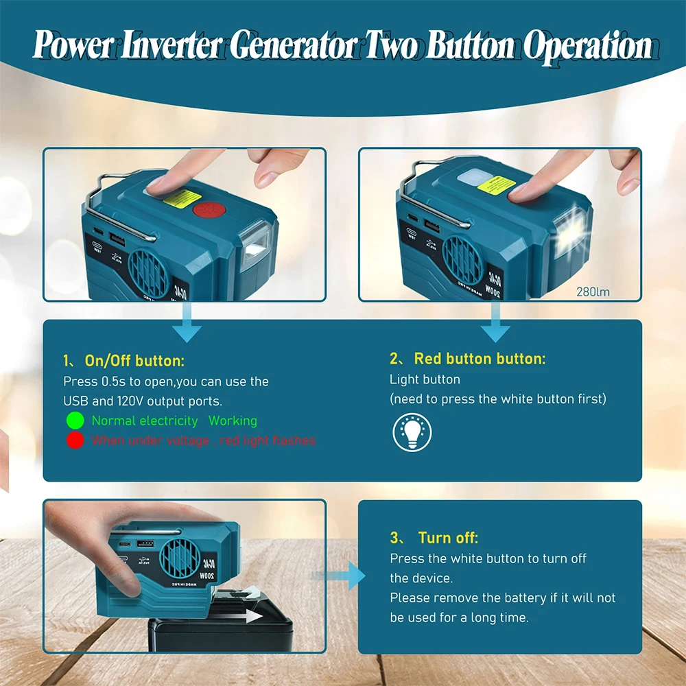 Inversor portátil 120-220V para exteriores Makita/DeWalt 18V/20V - imagen 3