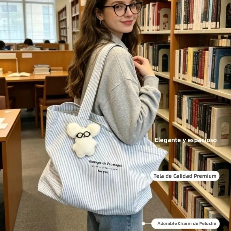 Bolso de lona a rayas gran capacidad estilo casual para el día - imagen 4