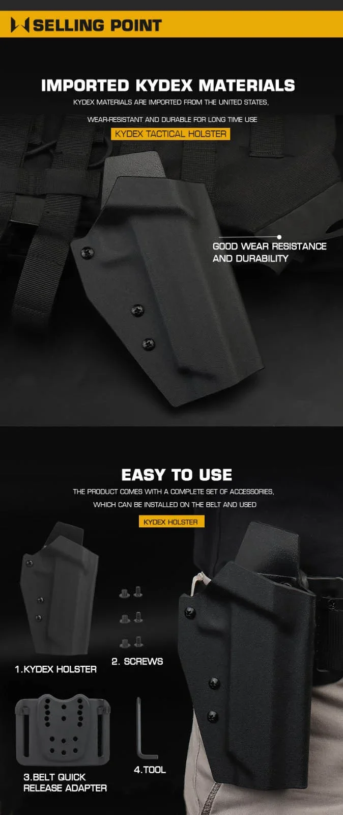Funda táctica Kydex en posición de portación lateral