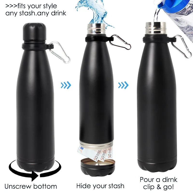 Botella táctica de agua con compartimento oculto acero para llaves tarjetas y efectivo - imagen 3