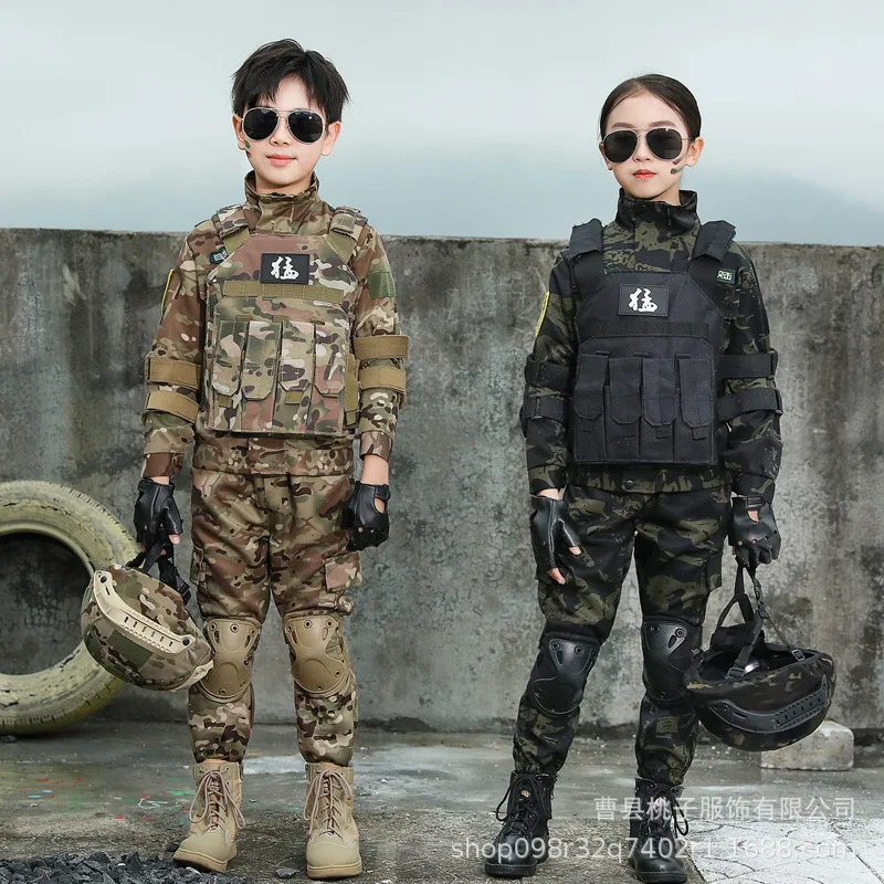 Uniforme de camuflaje infantil verde militar con bolsillo en manga