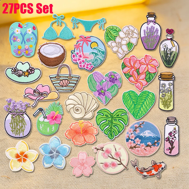 Parches tropicales bordados con motivos de coco y concha