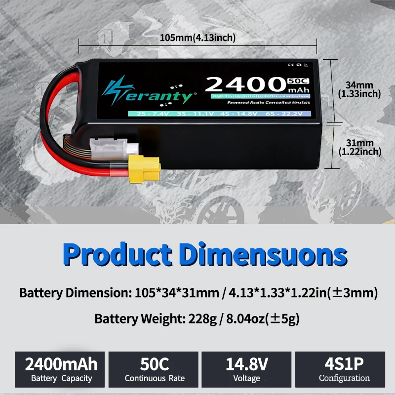 Medidas de la batería Teranty 4S 2400mAh 50C