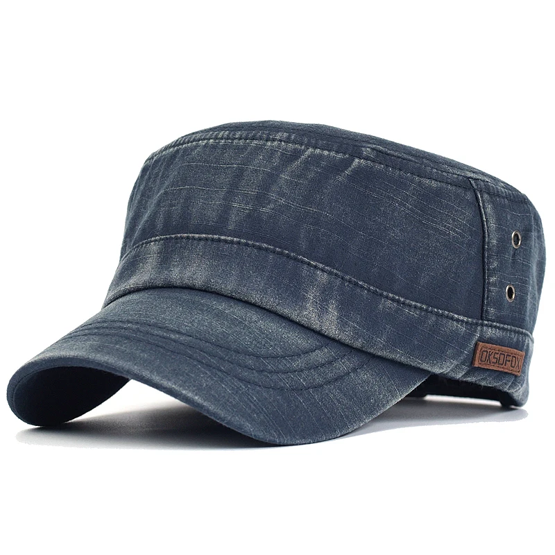 Gorra militar de algodón lavado vintage ajustable con copa plana