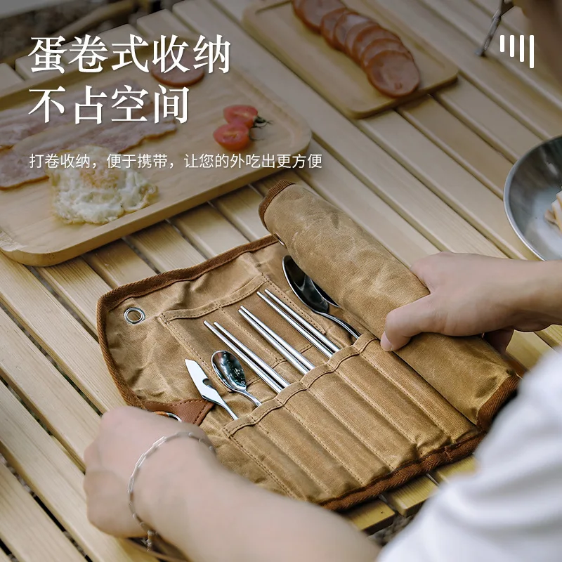 Bolsa lona táctica para menaje camping con cubiertos acero inox - imagen 4