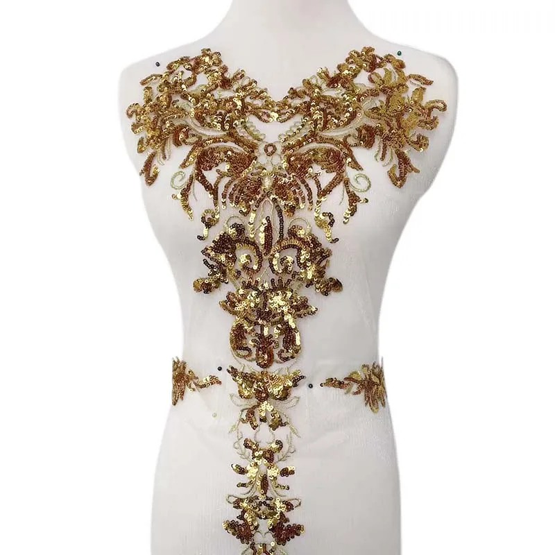 Parche bordado encaje dorado con lentejuelas y flores para coser - imagen 2
