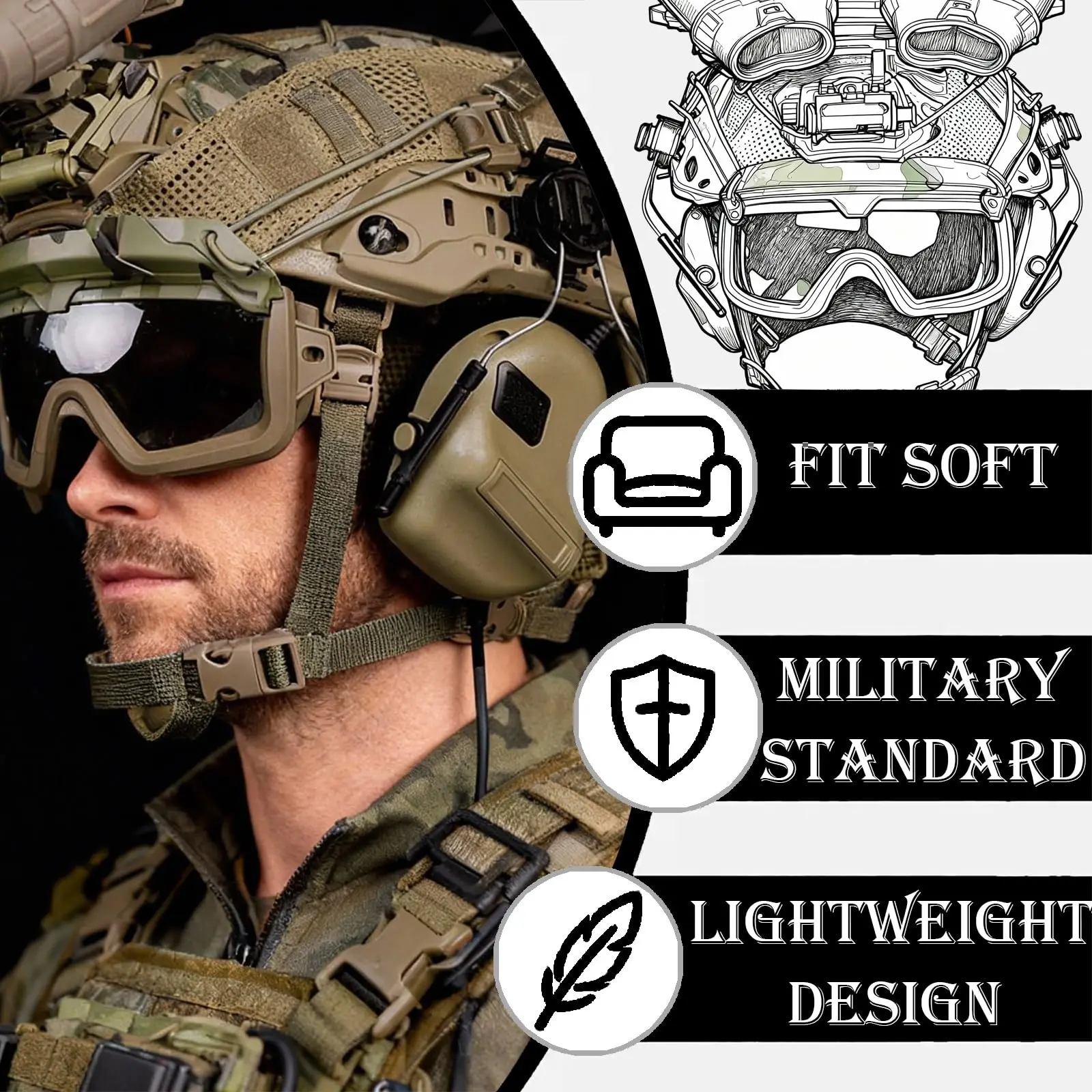 Casco táctico Airsoft con NVG, auriculares y luz de señal - imagen 5