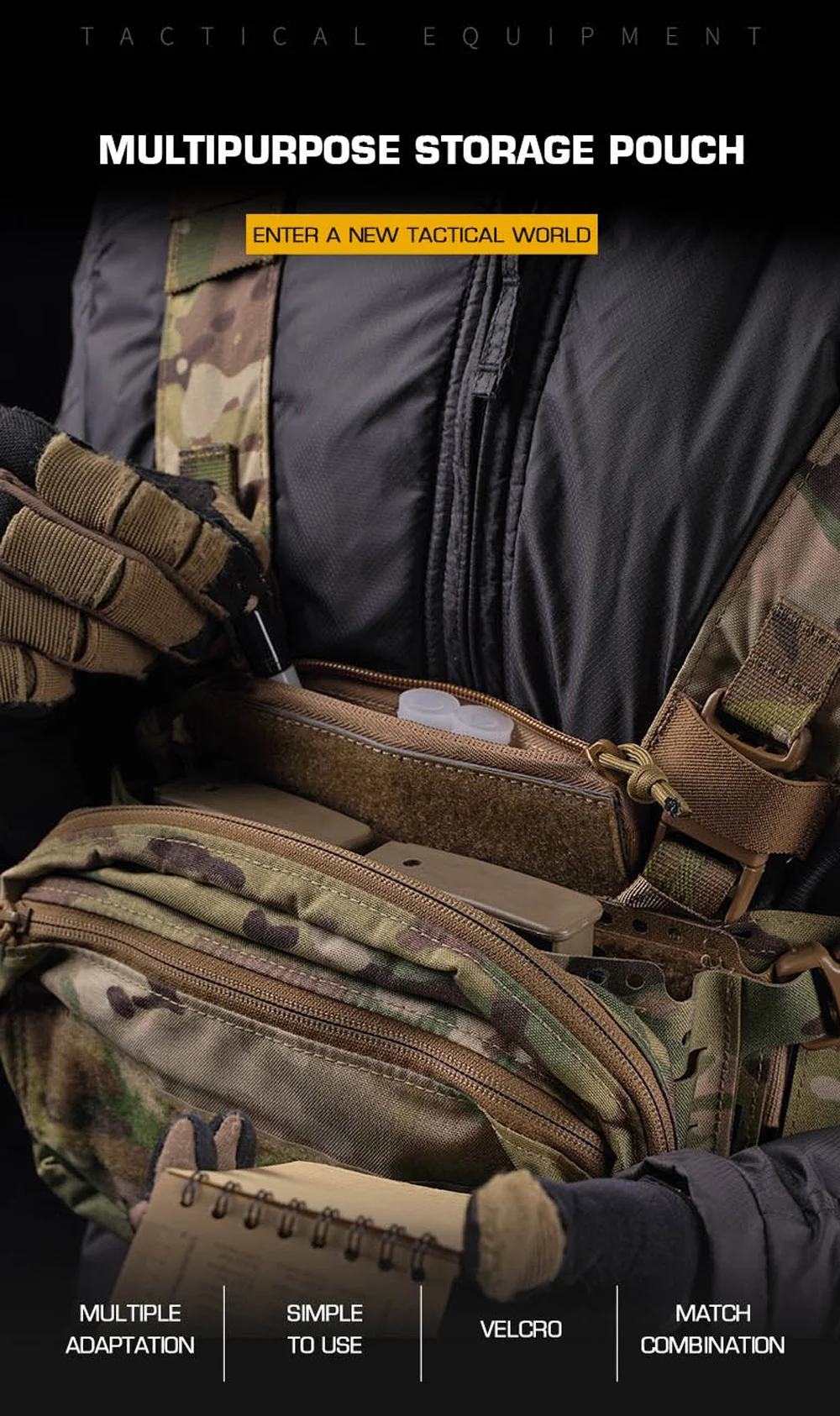 Detalle del panel frontal y compartimentos del chaleco airsoft
