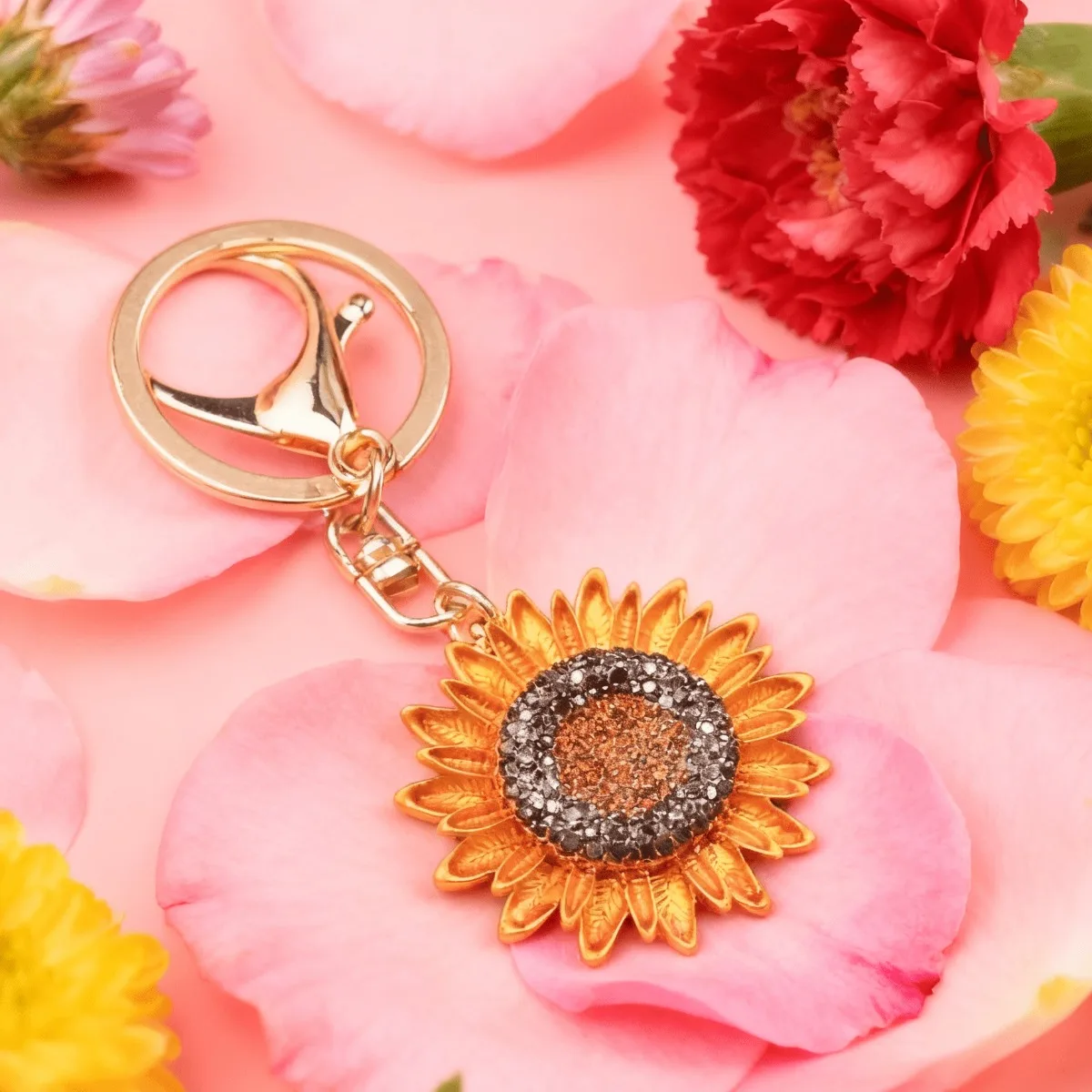 Llavero retro girasol con diamantes de imitación, para diario
