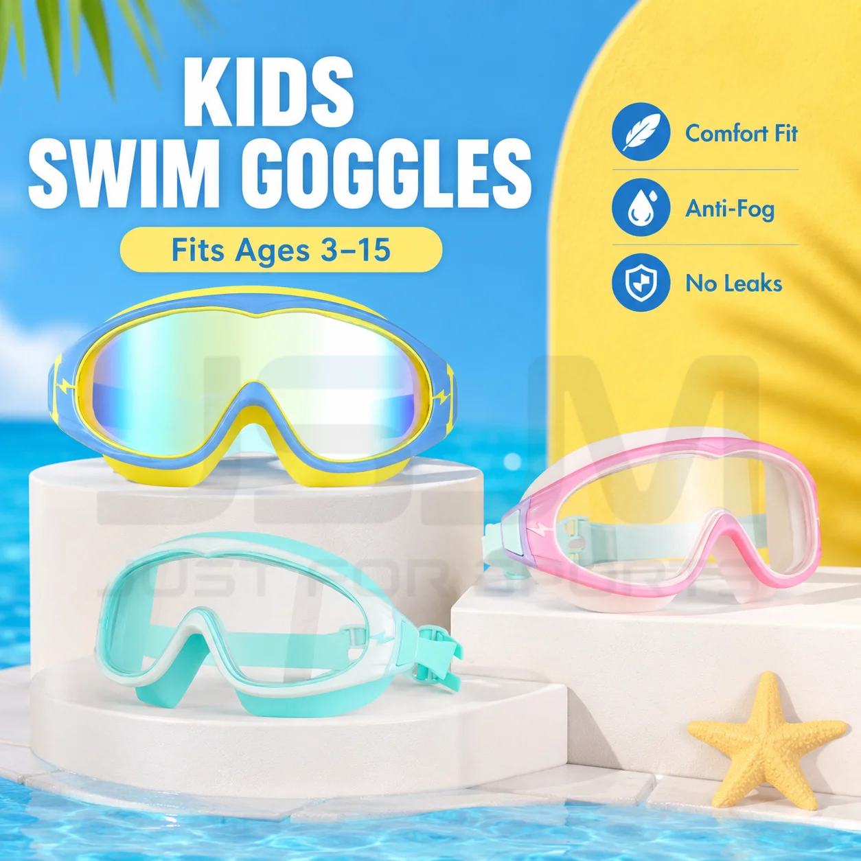 JSJM Nuevo Set de Gafas de Natación para Niños, Antivaho, Anti-fugas, Montura Grande, con Clip Nasal y Tapones para los Oídos, para Niños y Niñas de 3 a 15 Años - Ajuste