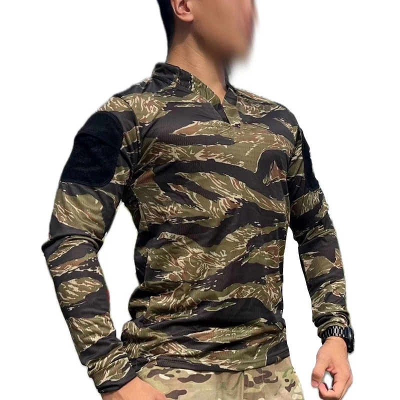 Camiseta táctica de manga larga con camuflaje tipo rayas de tigre