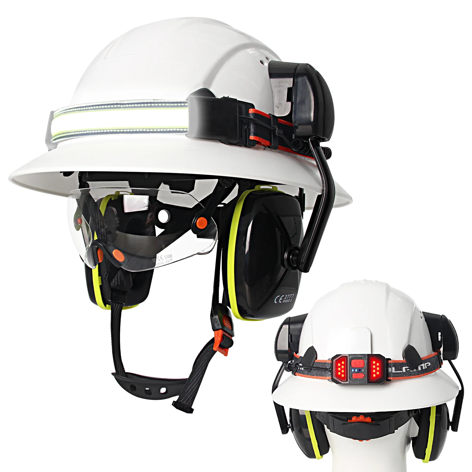 Casco de seguridad integral CE con lámpara, gafas y orejeras ANSI