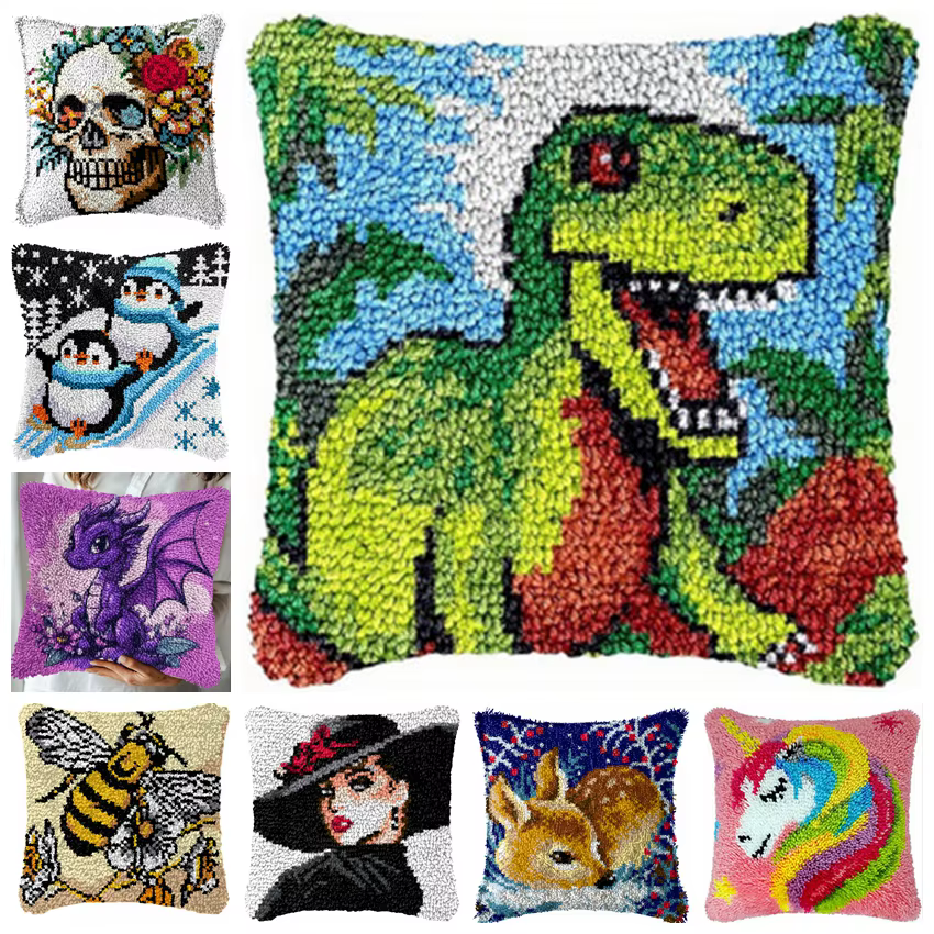Kit alfombra ganchillo DIY con botones animales dinosaurios y perros - imagen 3