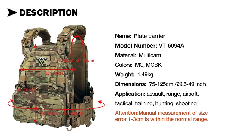 Chaleco táctico YAKEDA Plate Carrier 6094 en color negro