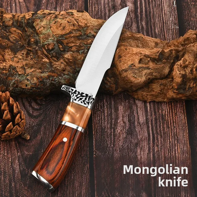 Cuchillo de caza deshuesar, mango madera colores para carne camping