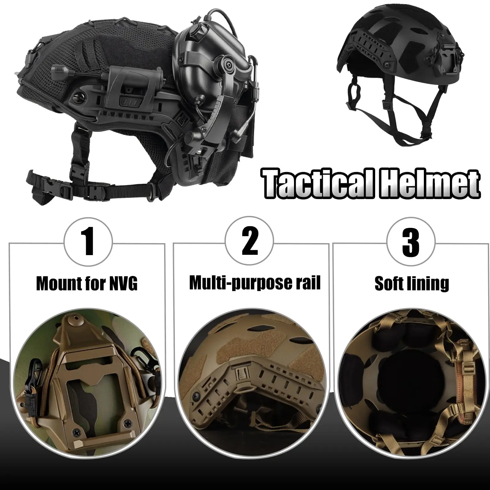 Casco táctico Airsoft de ABS con luz, auriculares y funda - imagen 2