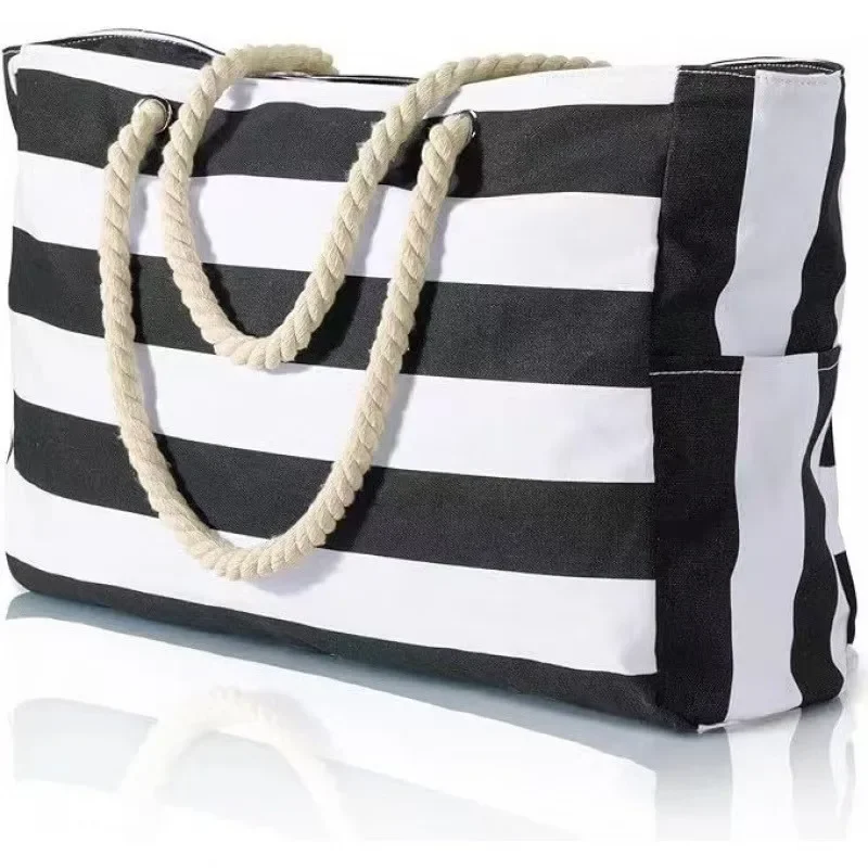 Bolsa playa algodón rústico rayas, hombro portátil para viaje - imagen 5